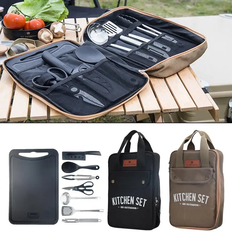 Camping Cooking Utensils Storage - 8-delige campingkeukenset, draagbare outdoor reisgerei, roestvrijstalen