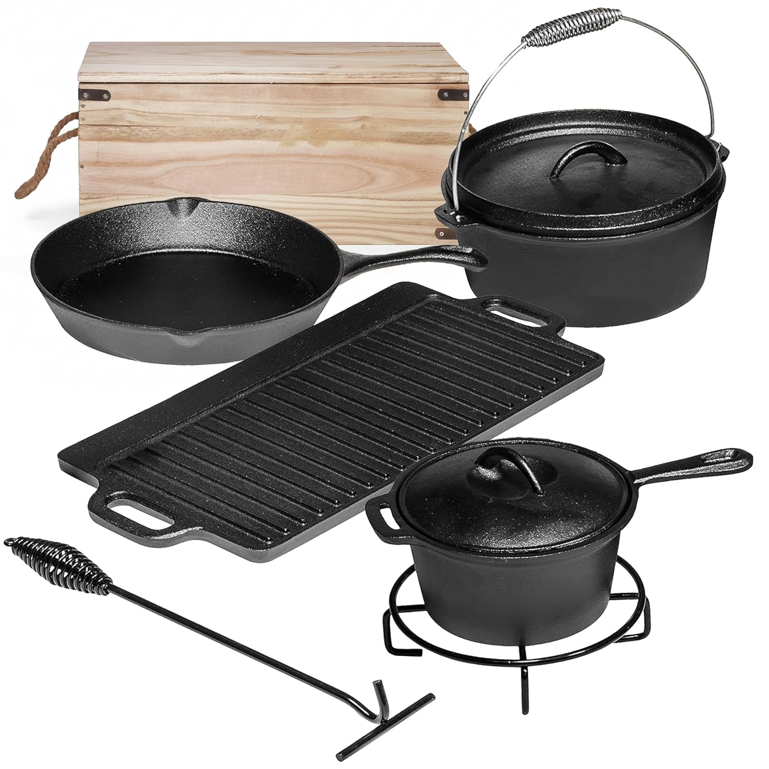 Camping Cooking Dutch Oven - Camping kookset van 7 delen. Voorgekruide