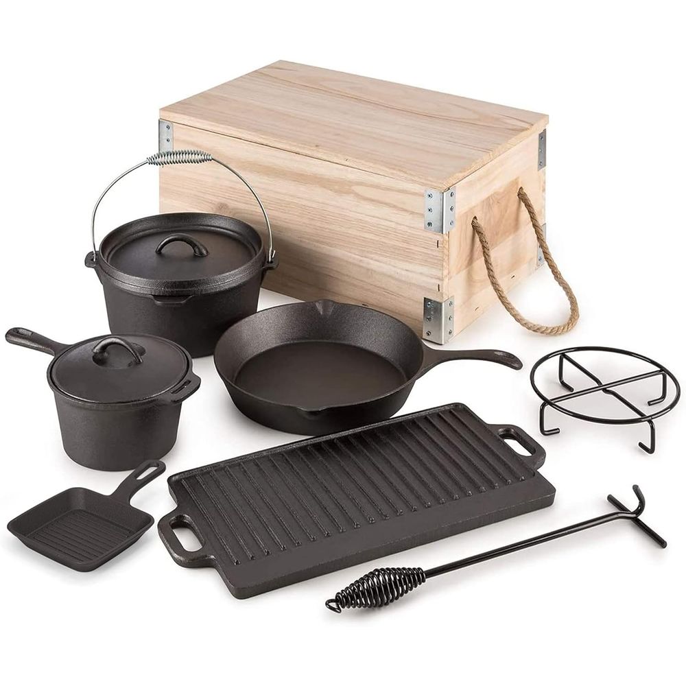 Camping Cooking Dutch Oven - 8-delige voorgekruide gietijzeren Dutch Oven kookset,